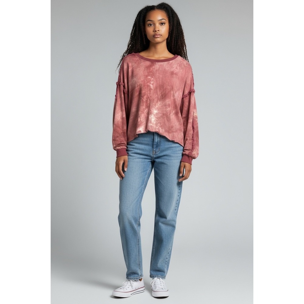 Umgee Tie Dye Distressed Frayed Hem Long Sleeve Sweatshirt Top Womens M‎